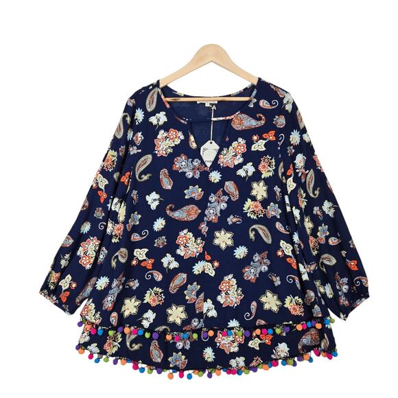 Entro Pom Pom Tunic Top sz L Blue Multicolor Paisley Floral Layered Boho Fairy - Picture 2 of 16